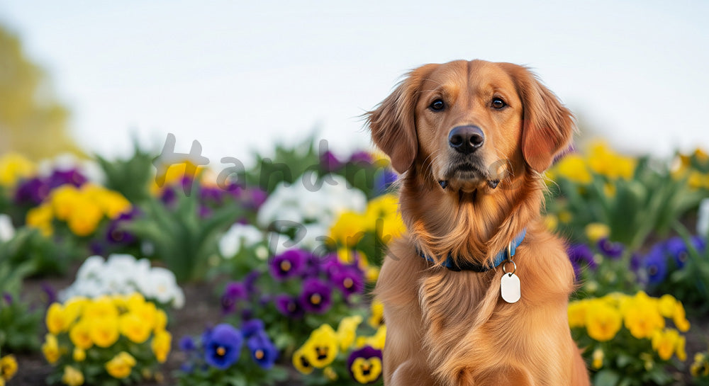 フリー素材 無料 写真｜春の花壇と犬の爽やか背景の写真｜シンプルな背景として
