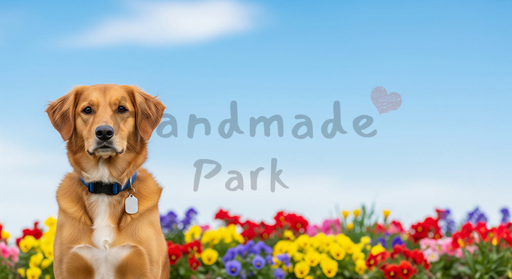 フリー素材 無料 写真｜春の花壇と犬の爽やか背景｜コピースペースを活かせる ロゴ・文字なし
