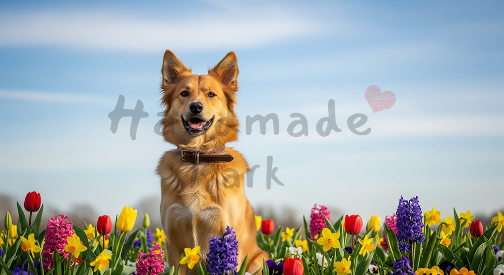 フリー素材 無料 写真｜ペットライフスタイルがある春の花壇と犬の爽やか背景｜サービス紹介ページに使える