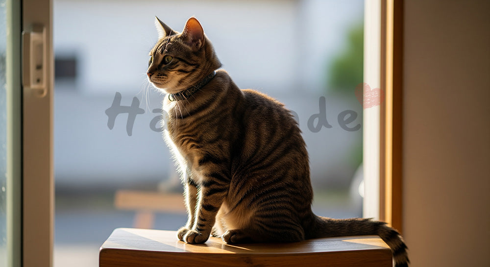 フリー素材 無料 写真｜窓辺スツールに座る猫の淡い逆光背景｜ペットライフスタイルを添えたトップページのビジュアルに
