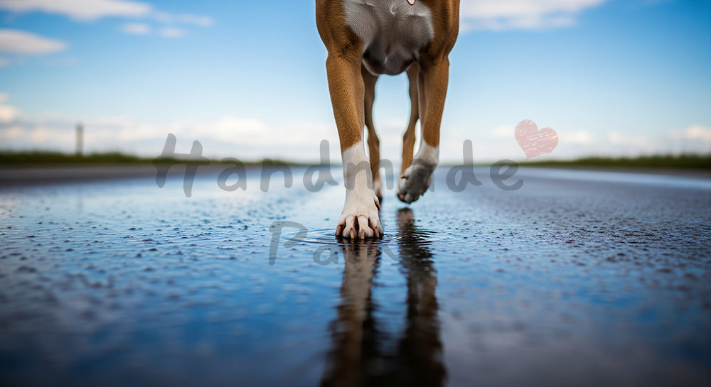 フリー素材 無料 写真｜やわらかな自然光の雨上がりの散歩で犬の足元と空｜SNS投稿の背景におすすめ