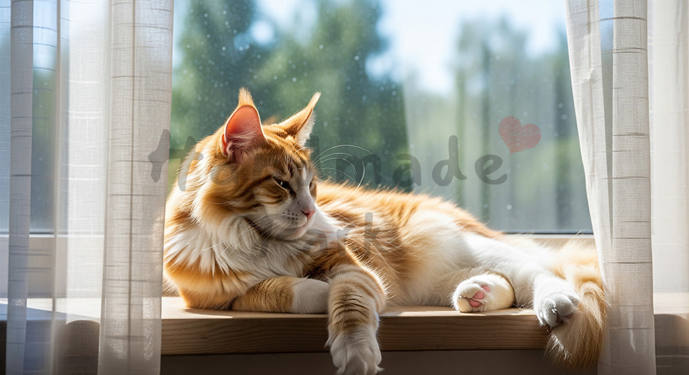 フリー素材 無料 写真｜夏の窓辺で涼む猫のやわらか背景｜ペットライフスタイルを添えたSNS投稿の背景におすすめ