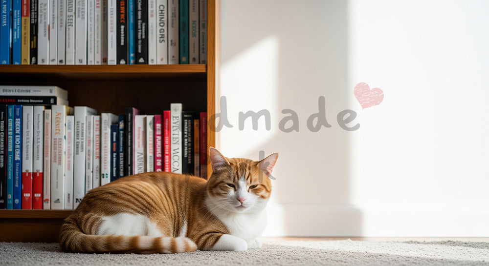 フリー素材 無料 写真｜本棚前でくつろぐ猫の暮らし背景｜ペットライフスタイルを添えたトップページのビジュアルに