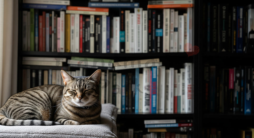 フリー素材 無料 写真｜ペットライフスタイルがある本棚前でくつろぐ猫の暮らし背景｜サムネイル作成に便利