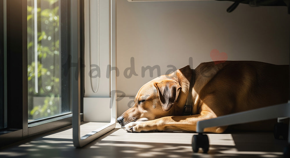 フリー素材 無料 写真｜ペットライフスタイルがあるワークデスク下でくつろぐ犬の在宅背景｜LPのヘッダー画像に