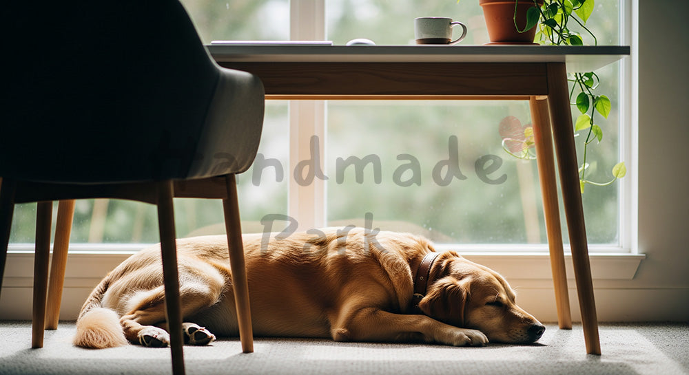 フリー素材 無料 写真｜やわらかな自然光のワークデスク下でくつろぐ犬の在宅背景｜バナー背景に合わせやすい