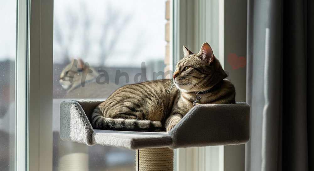 フリー素材 無料 写真｜窓辺キャットタワーでくつろぐ猫の背景｜コピースペースを活かせる ロゴ・文字なし