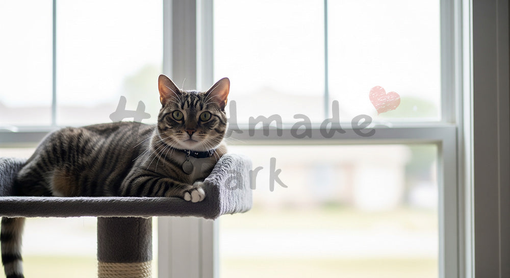 フリー素材 無料 写真｜窓辺キャットタワーでくつろぐ猫の背景｜チラシ・ポスターにも活躍