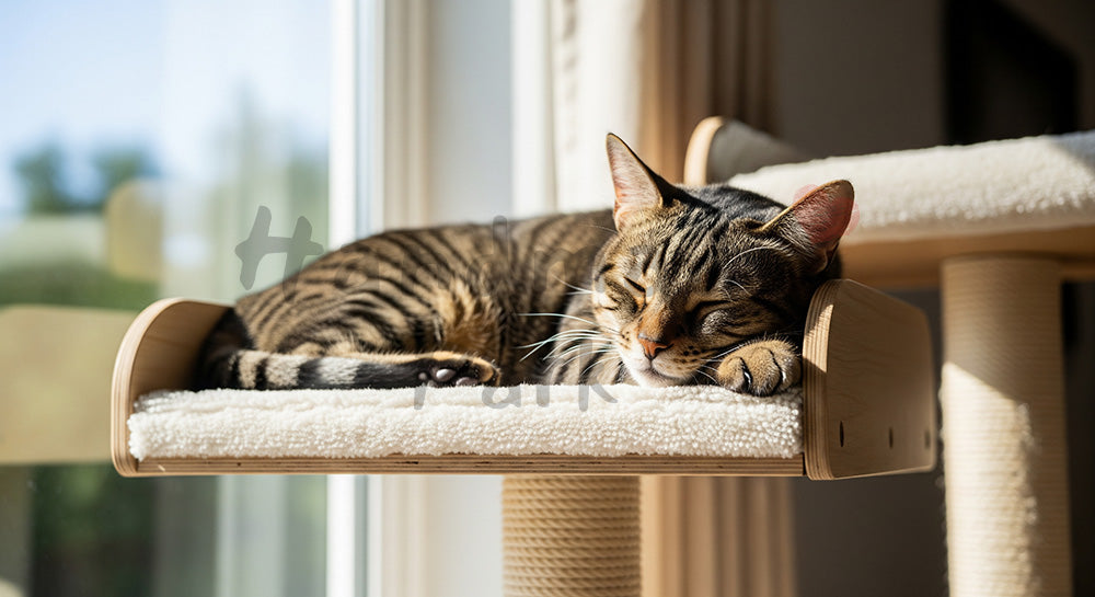 フリー素材 無料 写真｜窓辺キャットタワーでくつろぐ猫の背景の写真｜保険・医療のイメージに