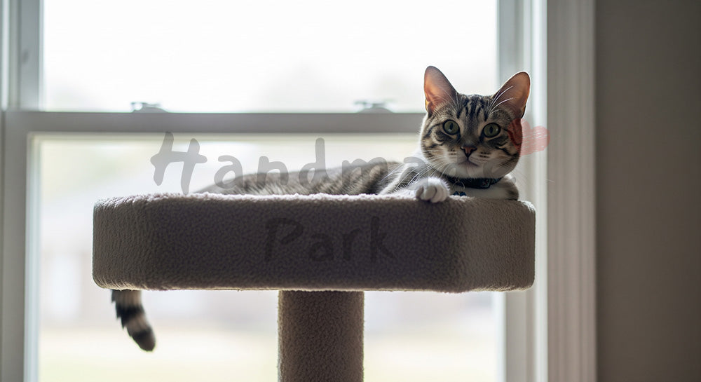 フリー素材 無料 写真｜窓辺キャットタワーでくつろぐ猫の背景｜資料スライドの背景に便利 ロゴ・文字なし