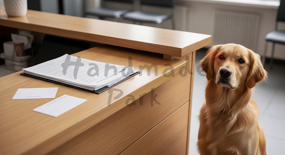 フリー素材 無料 写真｜動物病院の受付と犬のイメージの写真｜広告クリエイティブに使いやすい