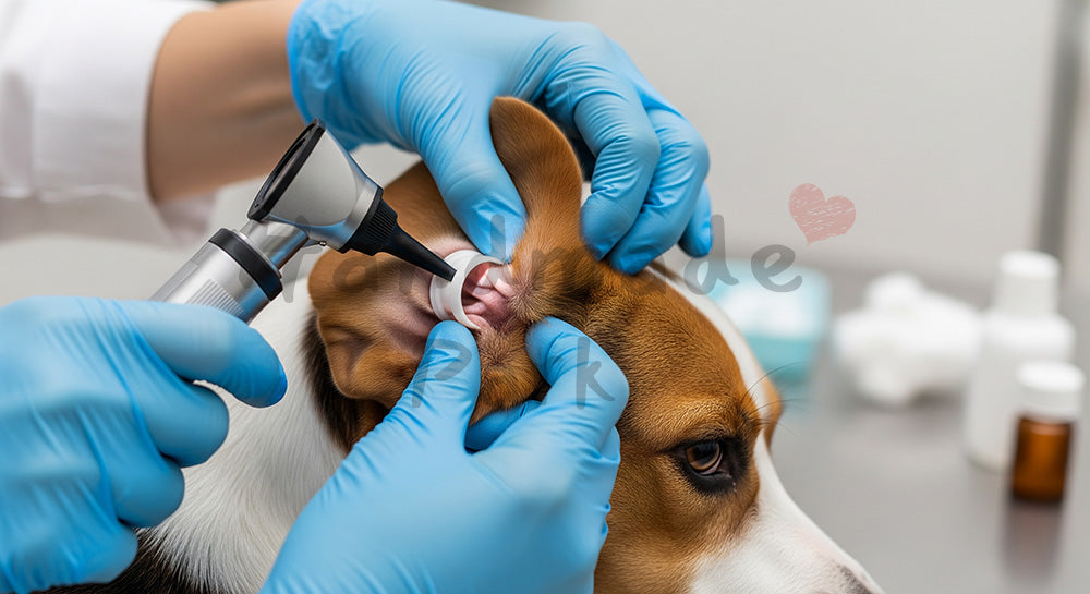フリー素材 無料 写真｜文字入れしやすい余白に使える犬の耳チェック診察シーン