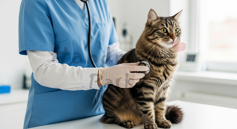 フリー素材 無料 写真｜ペットヘルスケアがある聴診器で猫の健康診断｜バナー背景に合わせやすい