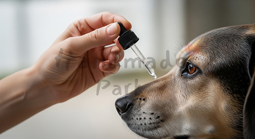 フリー素材 無料 写真｜やわらかな自然光のシニア犬の点眼ケアイメージ｜サービス紹介ページに使える