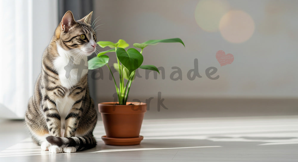 フリー素材 無料 写真｜観葉植物と猫のナチュラル背景の写真｜文字入れしやすい余白