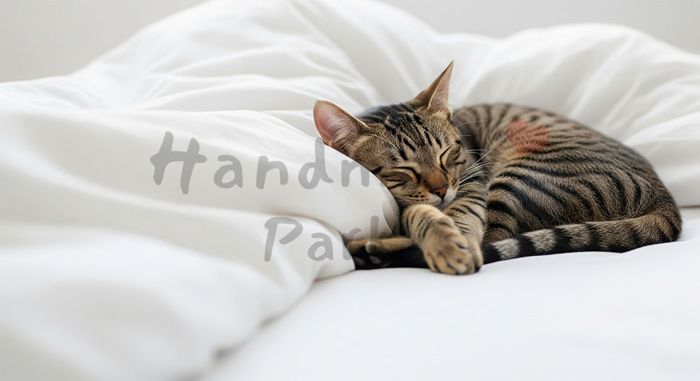 フリー素材 無料 写真｜白い寝具で眠る猫のクリーン背景の写真｜ナチュラルな雰囲気に