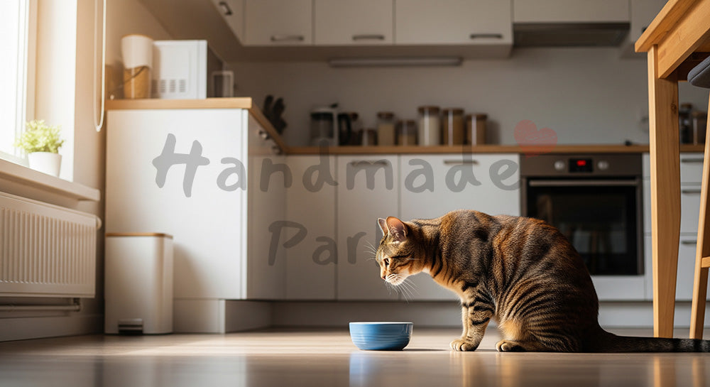 フリー素材 無料 写真｜朝のキッチン×猫｜ペットフードを添えた広告クリエイティブに使いやすい