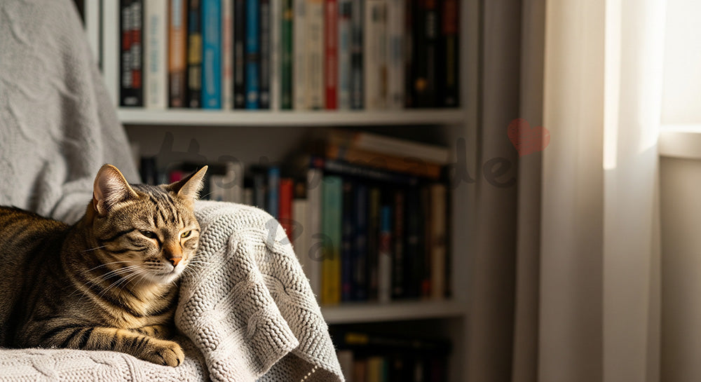 フリー素材 無料 写真｜本棚前の猫｜ナチュラルな雰囲気に