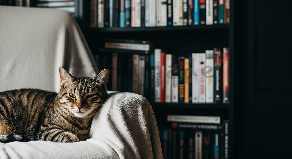 フリー素材 無料 写真｜本棚前の猫の写真｜LPのヘッダー画像に