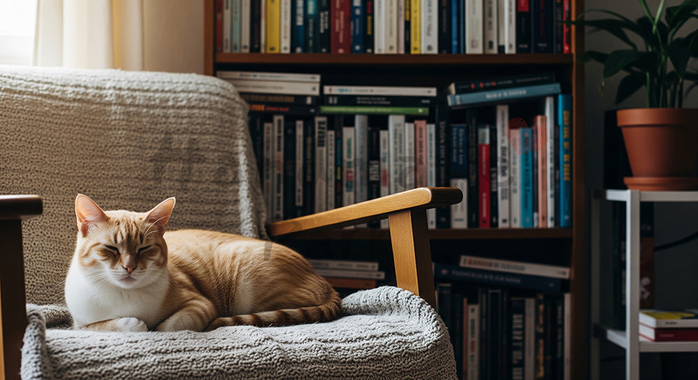 フリー素材 無料 写真｜本棚前の猫の写真｜トップページのビジュアルに