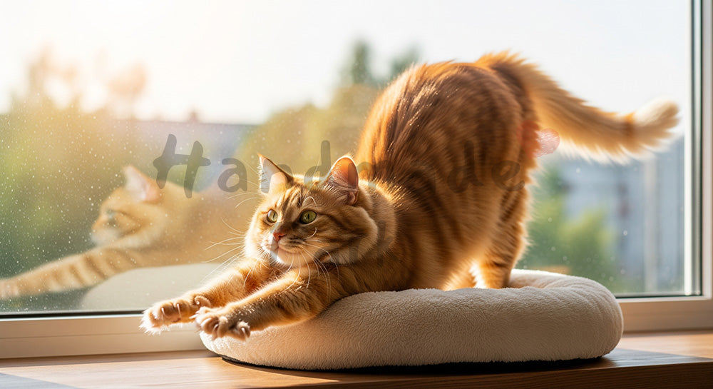 フリー素材 無料 写真｜キャットベッドで伸びをする猫、文字入れしやすい余白