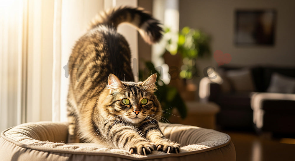 フリー素材 無料 写真｜キャットベッドで伸びをする猫の写真｜清潔感あるビジュアルに