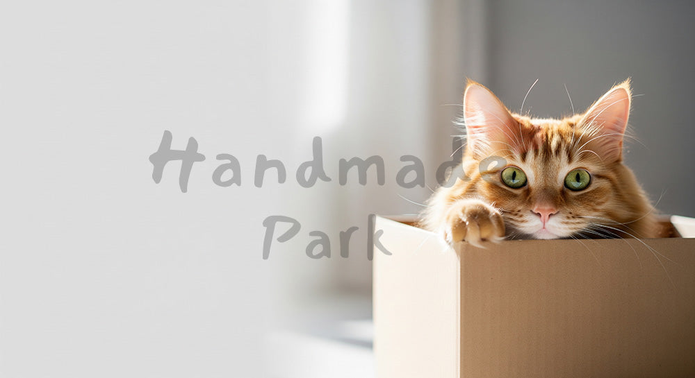 フリー素材 無料 写真｜ペットサービスがある段ボール箱に入る猫｜資料スライドの背景に便利