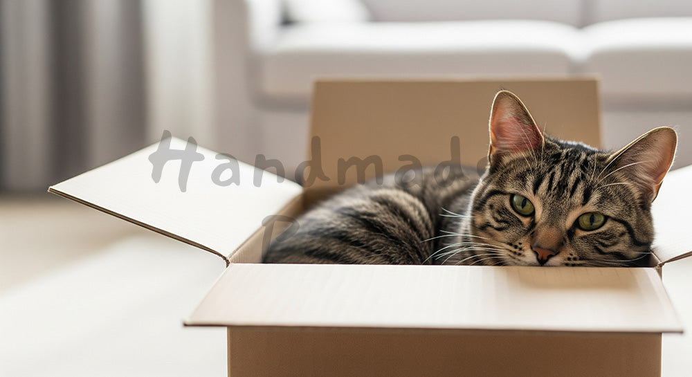 フリー素材 無料 写真｜ブログのアイキャッチ向きに使える段ボール箱に入る猫