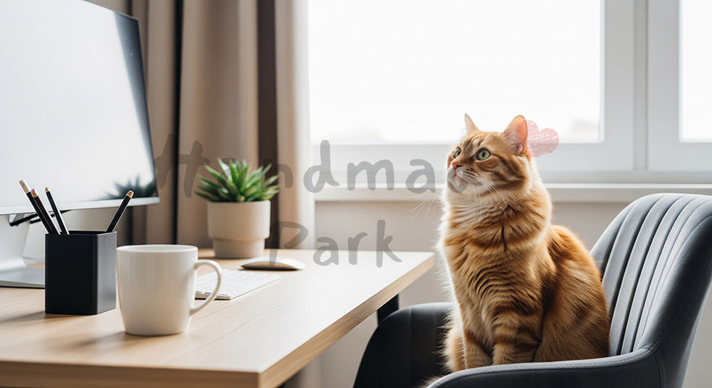 フリー素材 無料 写真｜窓際デスク横の猫｜窓際デスク横を添えた文字入れしやすい余白