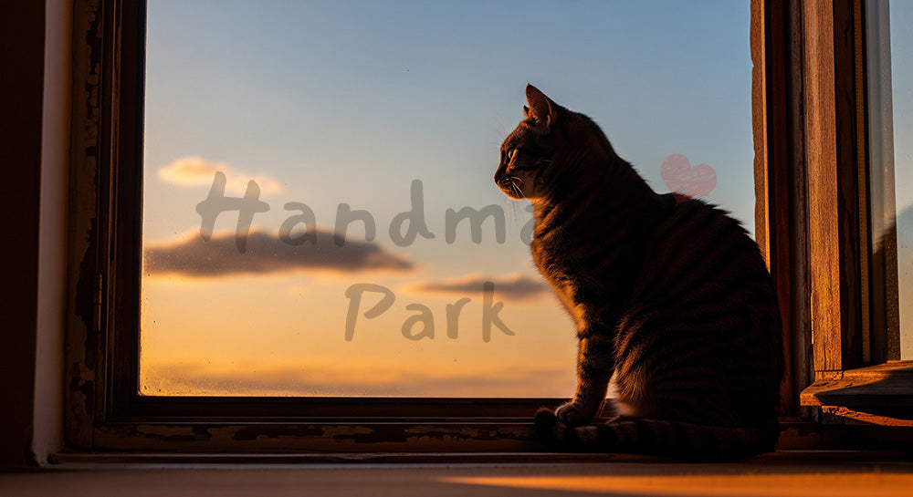 フリー素材 無料 写真｜夕方の窓辺×猫、落ち着いたトーンの背景に