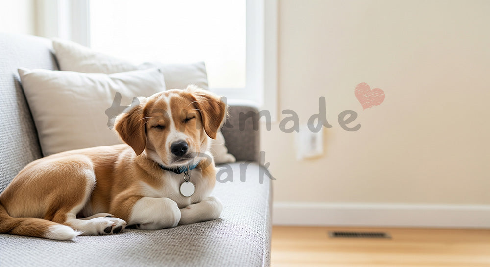 フリー素材 無料 写真｜子犬がソファでくつろぐ明るい室内シーン 右側に余白の横長背景、清潔感あるビジュアルに