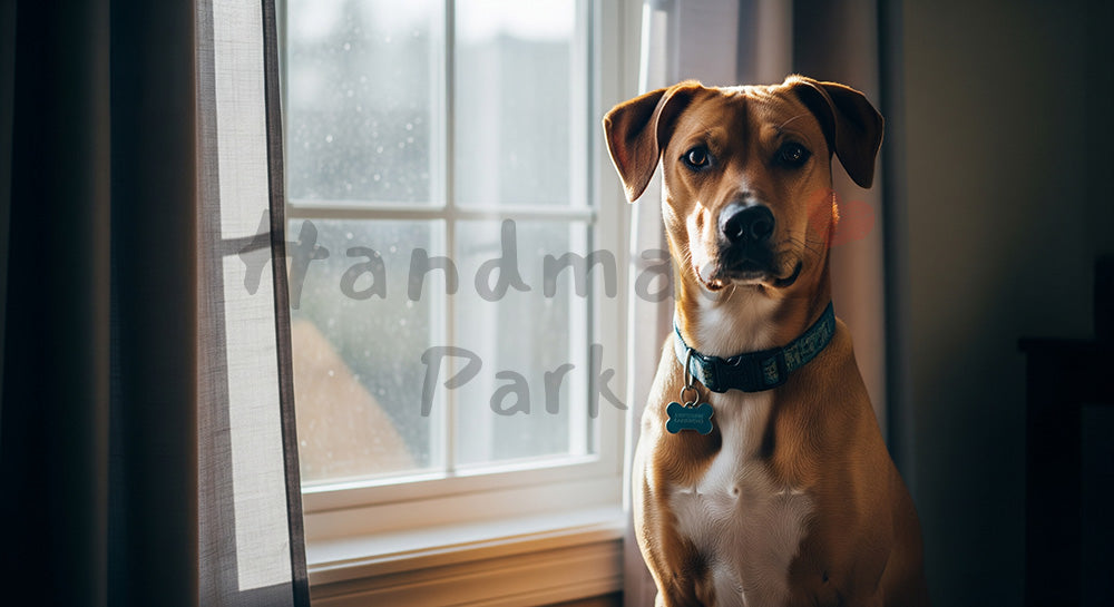 フリー素材 無料 写真｜窓辺で朝日を浴びる犬のポートレート 上部に余白のシンプル構図｜ナチュラルな雰囲気に ロゴ・文字なし