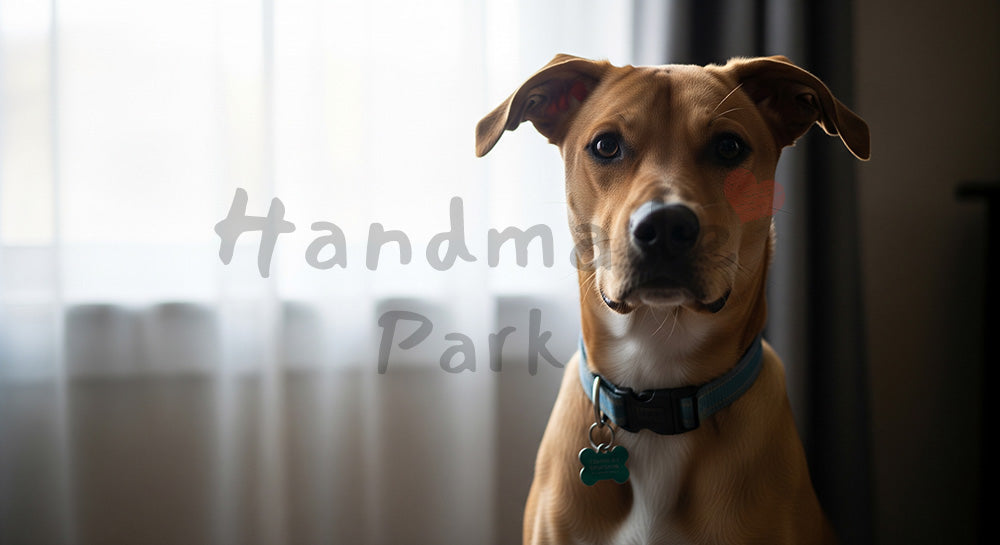 フリー素材 無料 写真｜やわらかな自然光の窓辺で朝日を浴びる犬のポートレート 上部に余白のシンプル構図｜LPのヘッダー画像に