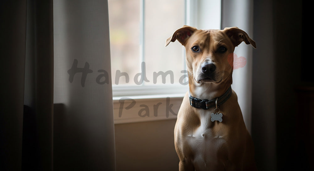 フリー素材 無料 写真｜やわらかな自然光の窓辺で朝日を浴びる犬のポートレート 上部に余白のシンプル構図｜シンプルな背景として