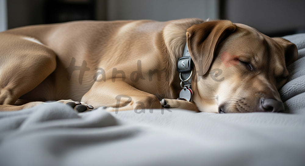 フリー素材 無料 写真｜やわらかな自然光のブランケットで眠る犬のやさしい室内カット 中央に余白の背景素材｜シンプルな背景として
