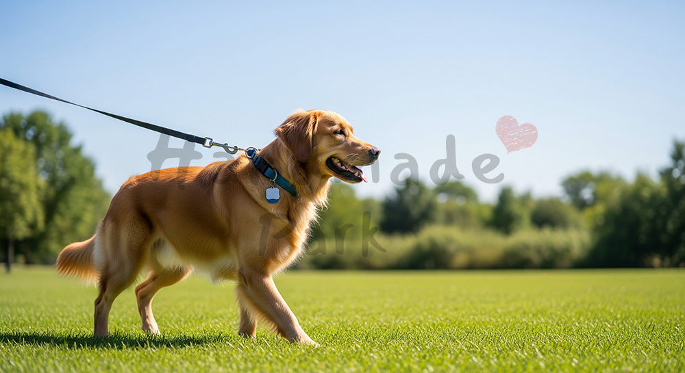 フリー素材 無料 写真｜公園で散歩する犬と飼い主の足元 青空と芝生で余白がある横長写真｜トップページのビジュアルに ロゴ・文字なし