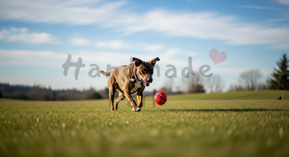 フリー素材 無料 写真｜芝生でボール遊びする犬 動きのある瞬間と空の余白がある写真、トップページのビジュアルに
