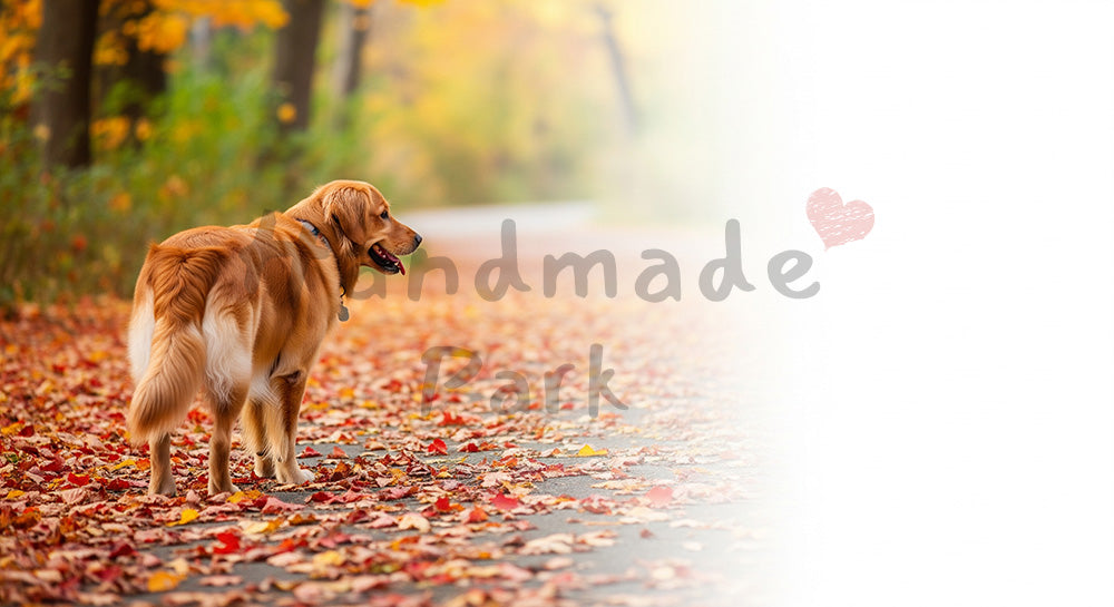 フリー素材 無料 写真｜キャンペーン素材がある紅葉の小道で散歩する犬 秋らしい色と余白でデザイン向き横長写真｜シンプルな背景として