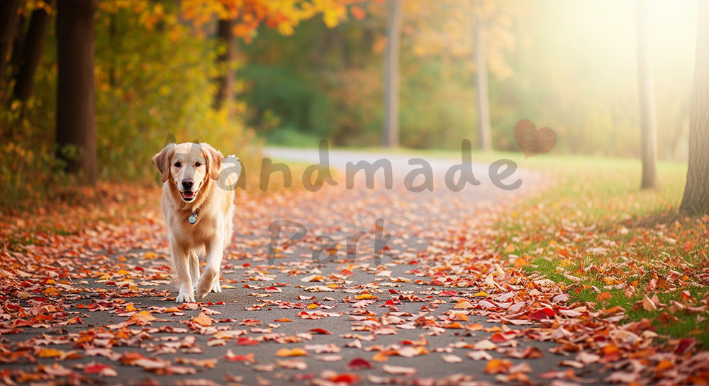 フリー素材 無料 写真｜紅葉の小道で散歩する犬 秋らしい色と余白でデザイン向き横長写真｜広告クリエイティブに使いやすい