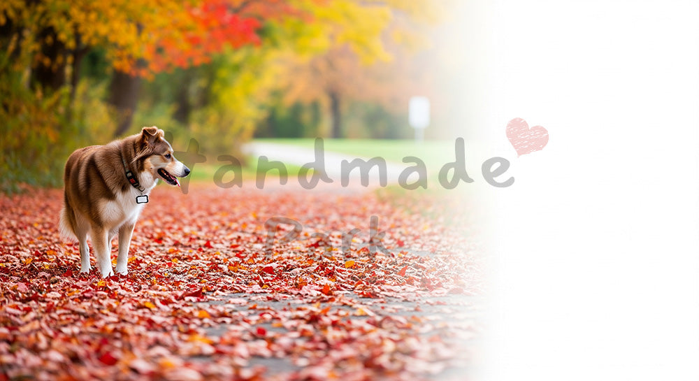 フリー素材 無料 写真｜紅葉の小道で散歩する犬 秋らしい色と余白でデザイン向き横長写真｜清潔感あるビジュアルに ロゴ・文字なし
