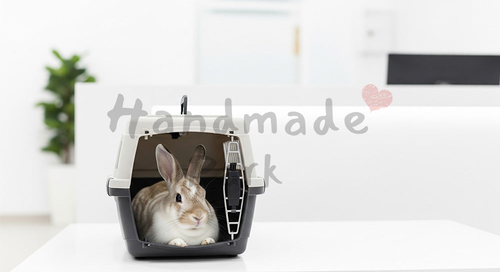 フリー素材 無料 写真｜動物病院の受付で落ち着くうさぎ｜サービス紹介を添えた資料スライドの背景に便利