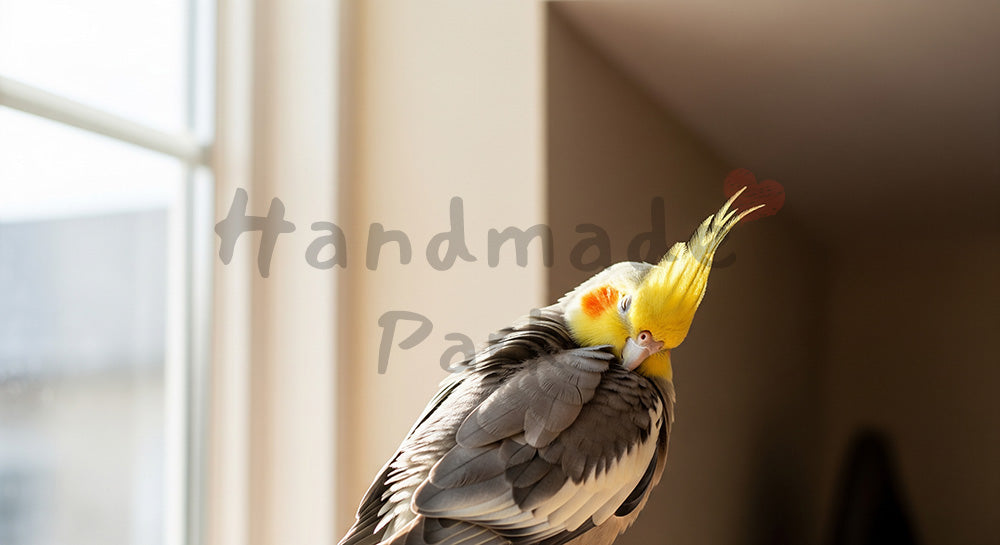 フリー素材 無料 写真｜窓辺で羽づくろいするオカメインコ、SNS投稿の背景におすすめ