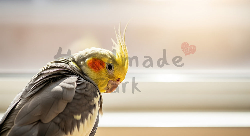 フリー素材 無料 写真｜オカメインコがある窓辺で羽づくろいするオカメインコ｜落ち着いたトーンの背景に