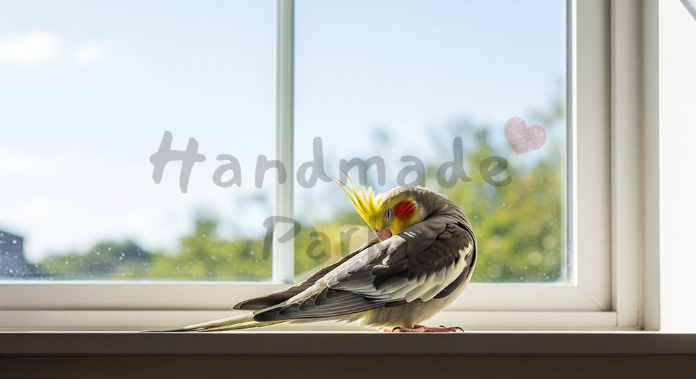 フリー素材 無料 写真｜窓辺で羽づくろいするオカメインコ｜ブログのアイキャッチ向き
