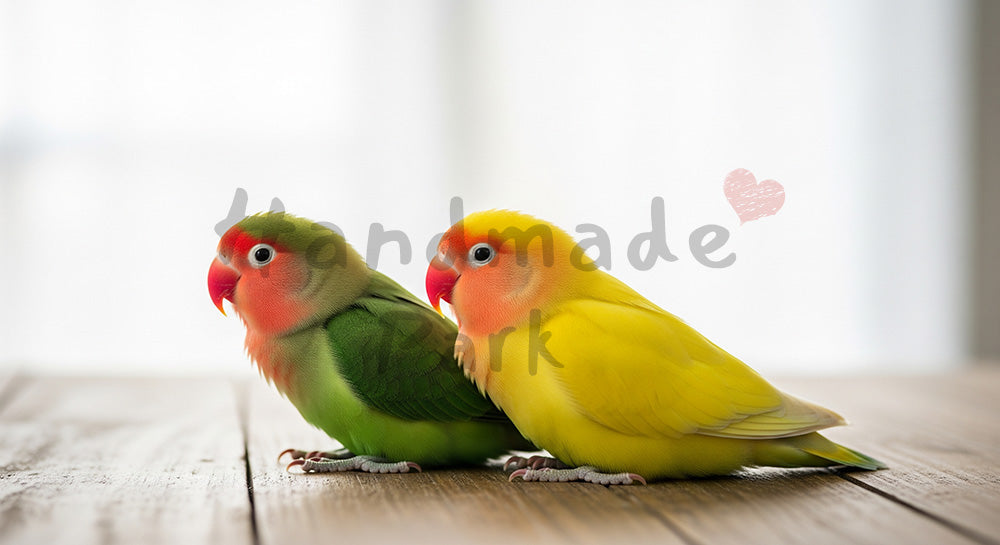 フリー素材 無料 写真｜コザクラインコのペアがくつろぐ室内シーン｜清潔感あるビジュアルに