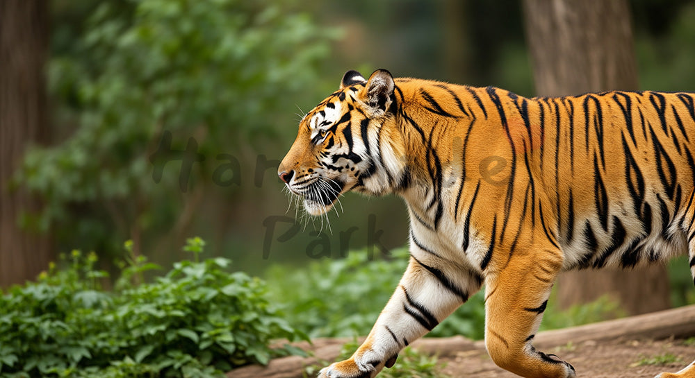 フリー素材 無料 写真｜動物園のトラの迫力ある歩く姿の写真｜落ち着いたトーンの背景に