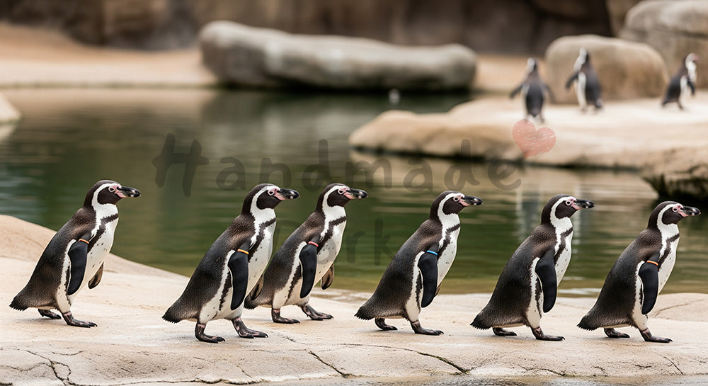 フリー素材 無料 写真｜教育コンテンツがある動物園のペンギンが並んで歩く可愛い瞬間｜バナー背景に合わせやすい
