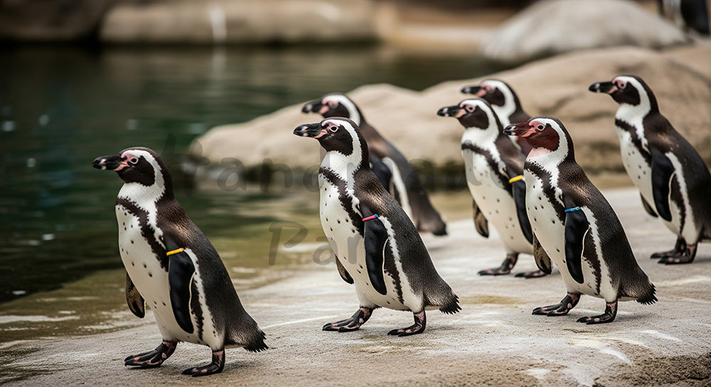 フリー素材 無料 写真｜教育コンテンツがある動物園のペンギンが並んで歩く可愛い瞬間｜ナチュラルな雰囲気に