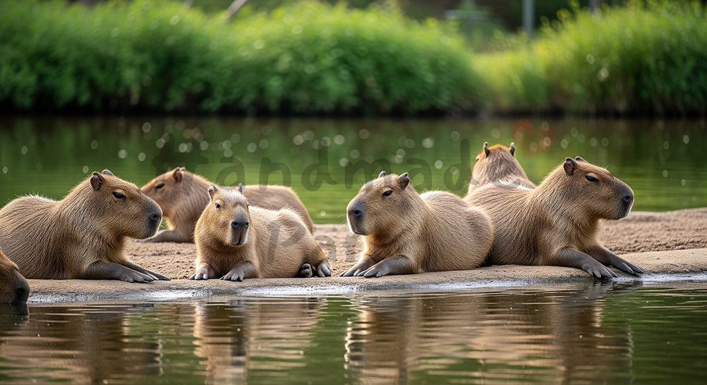 フリー素材 無料 写真｜やわらかな自然光の動物園のカピバラが水辺でくつろぐ癒しの写真｜清潔感あるビジュアルに