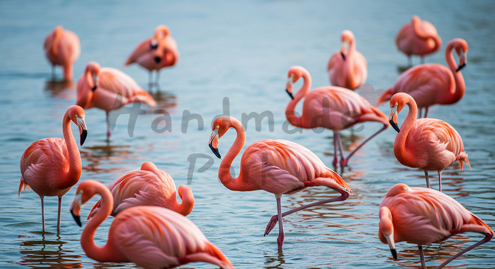 フリー素材 無料 写真｜動物園のフラミンゴの群れと淡い水辺背景｜イベント告知を添えた清潔感あるビジュアルに